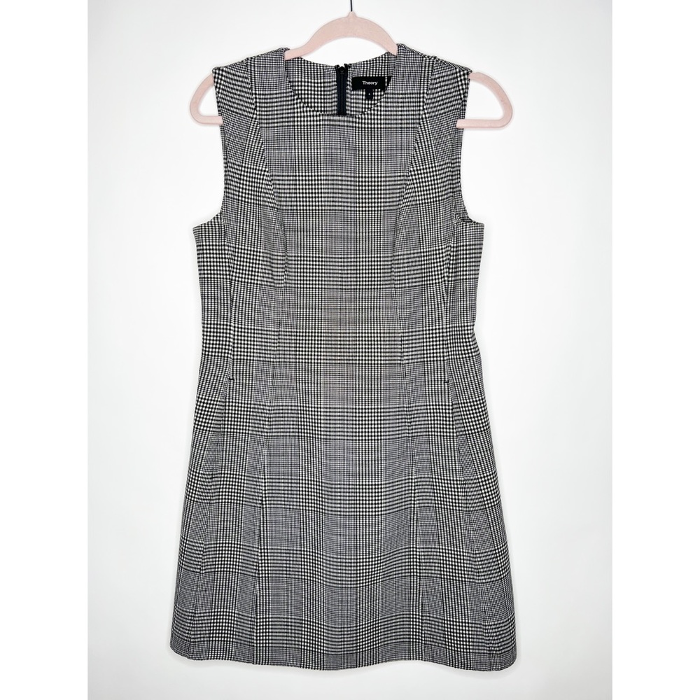 Theory Helaina Plaid Shift Dress Black White Glen Check Sleeveless Wool Size 6